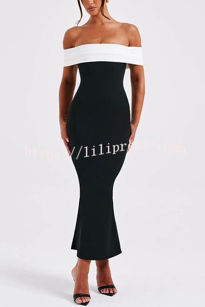 Bex Colorblock Pleated Bardot Neck Strapless Formal Stretch Midi Dress