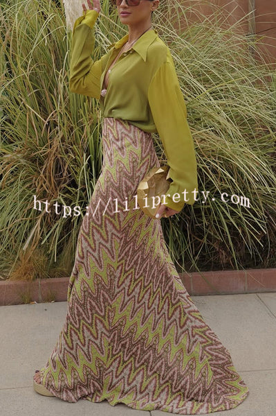 Moonlit Waltz Knit Jacquard Zigzag Print High Rise Stretch Flare Maxi Skirt