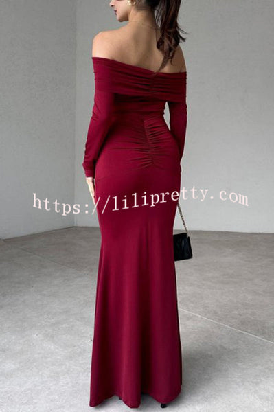 Naia Off Shoulder Long Sleeve Metal Buckle Adjustment Drape Stretch Maxi Dress
