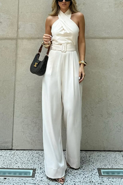 Solid Color Halterneck Sleeveless Waisted Casual Pocket Straight Jumpsuit