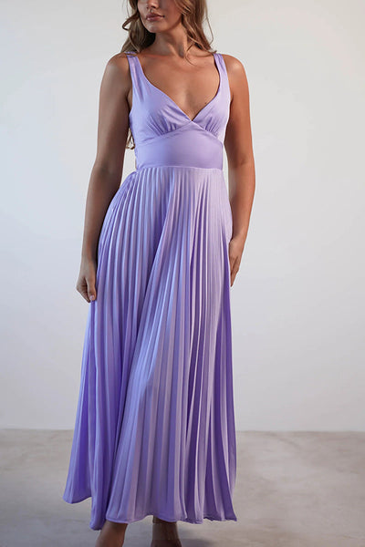 Satin Solid Color Sexy V-Neck Pleated Maxi Dress
