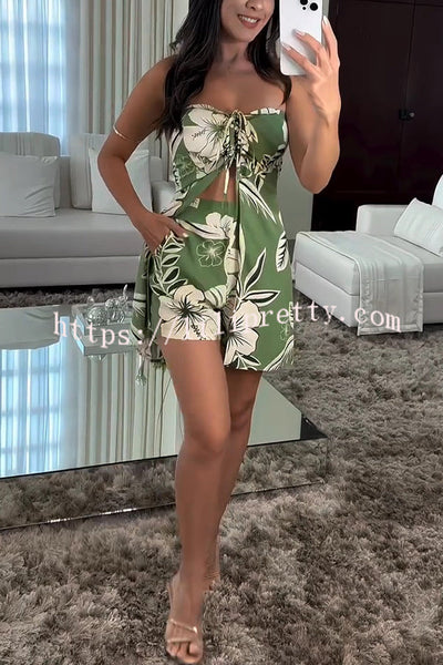 Floral Print Sexy Bandeau Drawstring Top and Elastic Waist Pocket Shorts Set