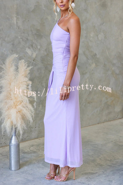 Solid Color Elegant Mesh One Shoulder Sexy Waist Hollow Out Maxi Dress