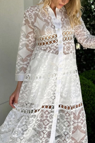 Solid Color Hollow Lace Lapel Button Long Shirt