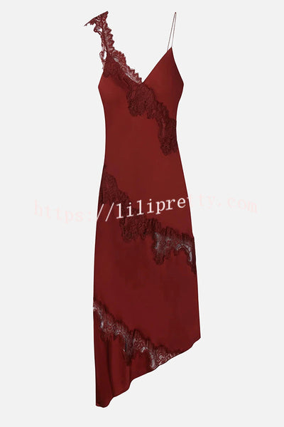 Sexy Lace Stitching Suspender V-neck Asymmetrical Maxi Dress