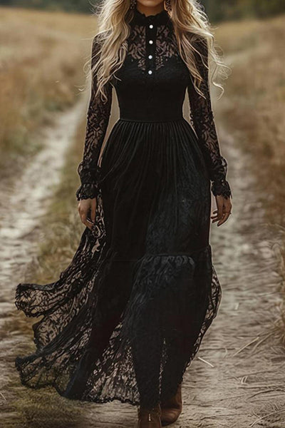 Solid Color Hollow Lace Long Sleeve Slim Maxi Dress