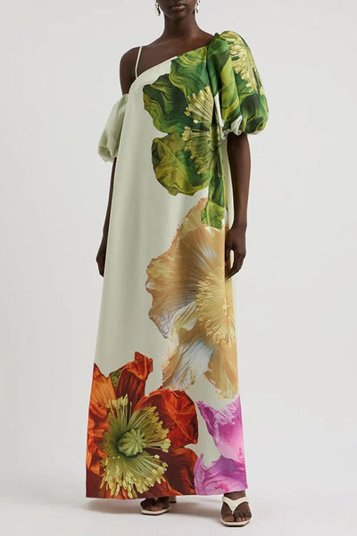 Floral Print Slant Collar Puff Sleeves Loose Holiday Maxi Dress