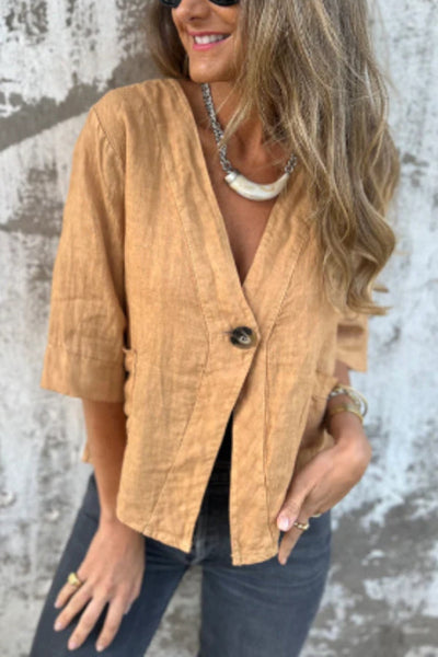 Linen Blend Solid Color Loose V-neck Button-down Casual Top