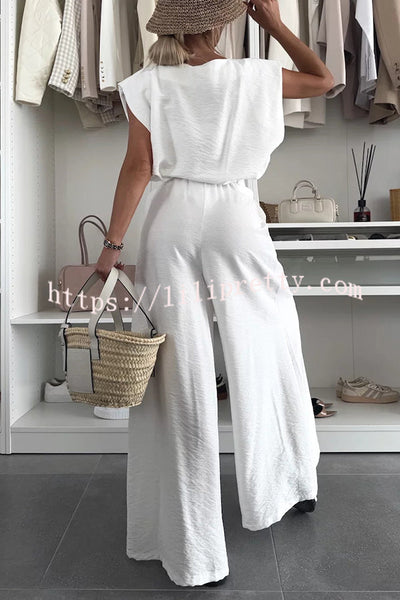 Santie Round Neck Cape Sleeve Loose Top and Elastic Waist Pocket Wide Leg Pants Set