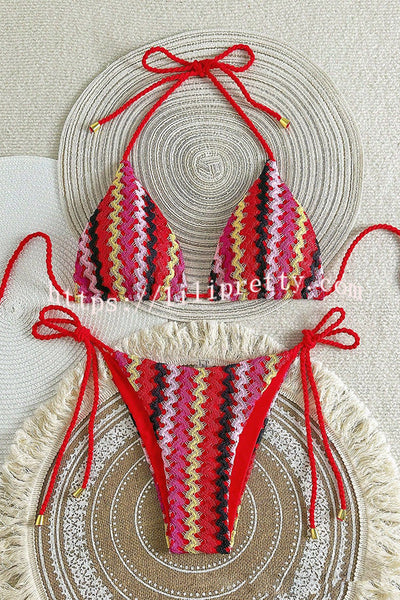 Knit Wave Unique Print Stretch Tie Bikini Swimsuit
