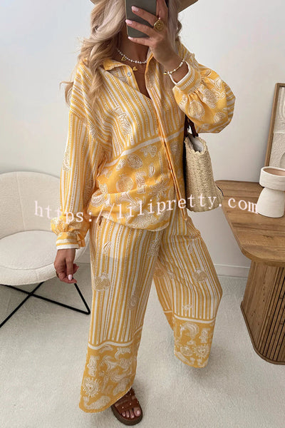 Holiday Style Unique Print Long Sleeve Lapel Loose Shirt and Elastic Waist Casual Pocket Pants Set