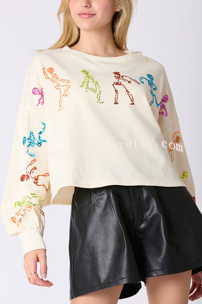 Halloween Skull Sequin Loose Crop Casual Sweatshirt