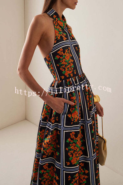 Floral Print Sexy Halter Neck Backless Elegant Maxi Dress