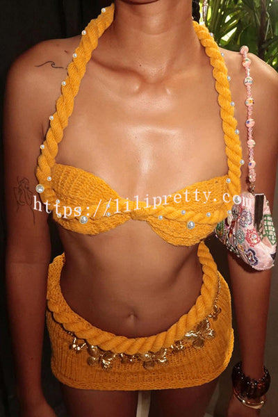 Sexy Halterneck Pearl-embellished Lace-up Tank and Fitted Knit Mini Skirt Set