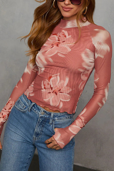 Floral Print Long-sleeved Stand-up Collar Casual Slim-fit Top