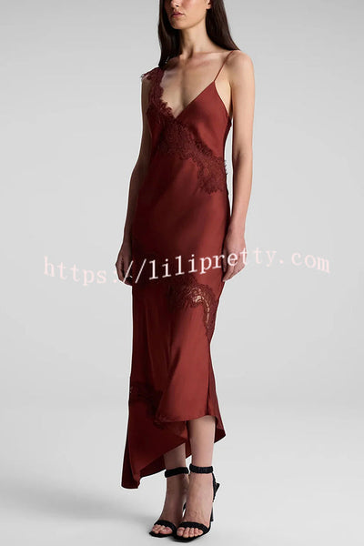 Sexy Lace Stitching Suspender V-neck Asymmetrical Maxi Dress