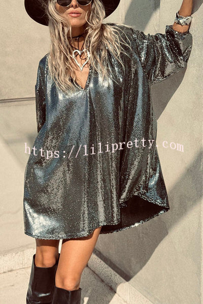 Party Queen Glitter Fabric V-neck Balloon Sleeve Loose Mini Dress