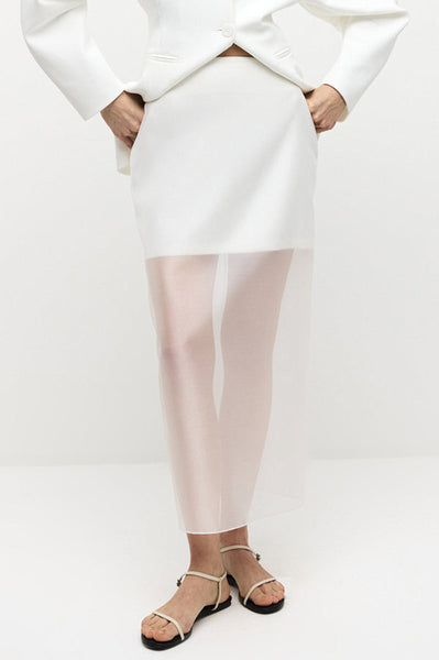 Simple and Light See-through Fabric Mid Rise Pencil Slit Midi Skirt