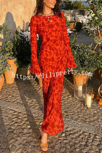 Gia Unique Print Boat Neck Long Bell Sleeve Bias Cut Maxi Dress