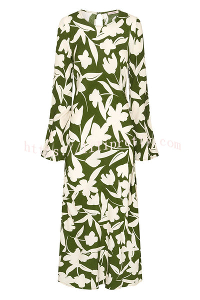 Smooth Lines Color Block Print Long Sleeve Bias Cut Loose Maxi Dress