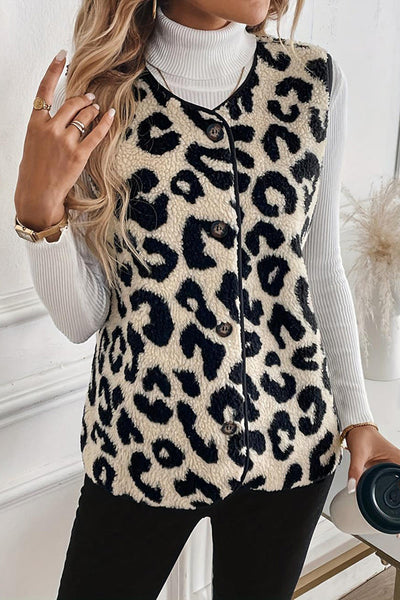 Leopard Print Sleeveless Button Plush Vest Jacket