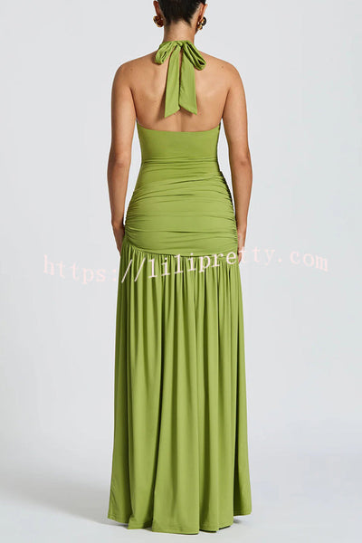 Solid Color Halter Neck Backless Slim Fit Pleated Slit Maxi Dress