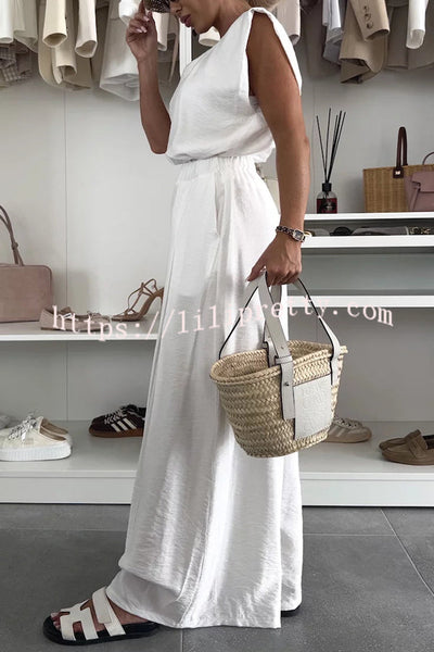 Santie Round Neck Cape Sleeve Loose Top and Elastic Waist Pocket Wide Leg Pants Set