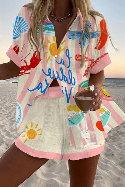 Graffiti Print Loose Button Elastic Waist Shorts Set