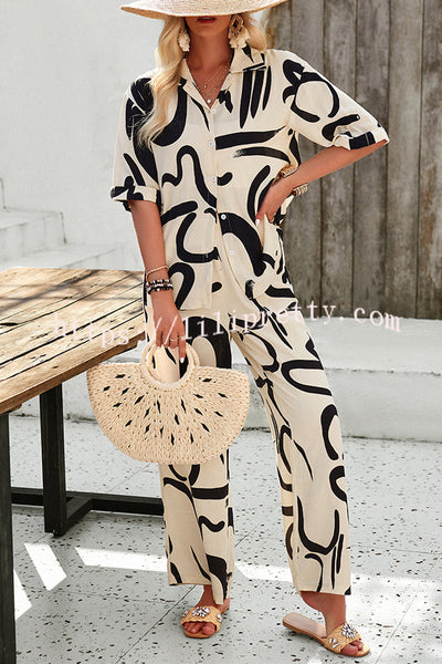 Irregular Printed Button Pocket Long Sleeved Shirt and Elastic Waist Pants Set