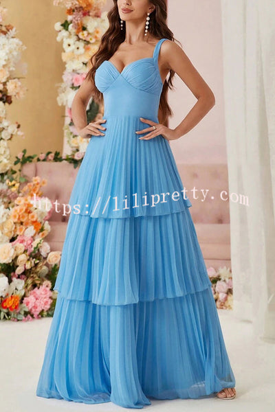 Solid Color Elegant Multi Layered Pleated Wide Shoulder Strap Maxi Dress