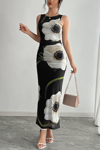 Floral Print Round Neck Sleeveless Mesh Fitted Maxi Dress