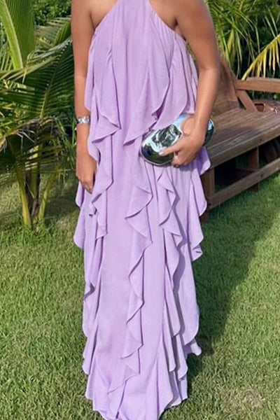 Solid Color Halter Neck Open Back Wavy Edge Maxi Dress