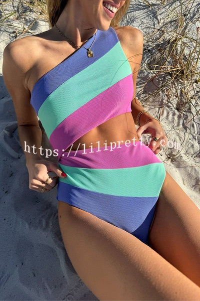 Justine Ribbed Color Block One Shoulder Cutout Stretch One-piece Swimsuit
