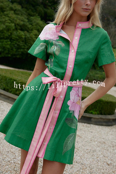 Floral Print Short Sleeve Button Waist Mini Dress