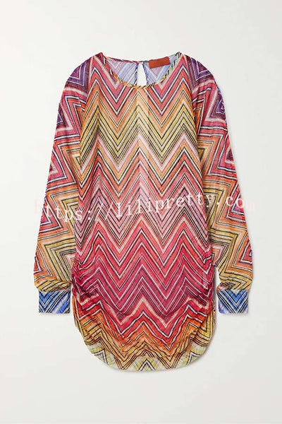 Ivanah Mesh Colorful Zigzag Pattern Long Slit Balloon Sleeve Ruched Mini Dress