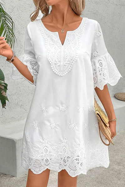 Solid Color Hollow Embroidery Casual Lace V-Neck Mini Dress