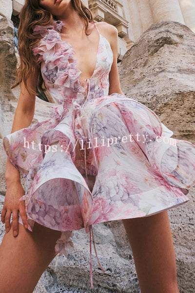 Floral Print V-neck Halter Back Tie Double Layer Mini Dress