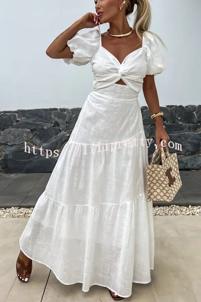 Solid Color Hollow Backless Puff Sleeve Maxi Dress