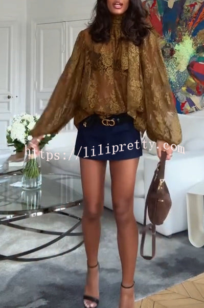 Reigna Semi-sheer Floral Lace Bow Neck Balloon Sleeve Loose Blouse