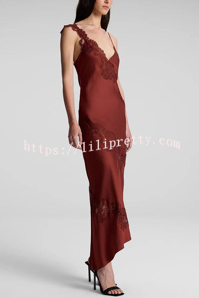 Sexy Lace Stitching Suspender V-neck Asymmetrical Maxi Dress