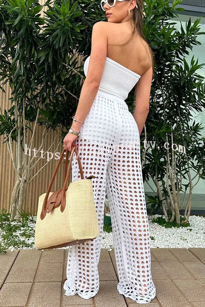 Riley Knit Front Knotted Bandeau and Stretch Hollow Out Wide Leg Pants Set