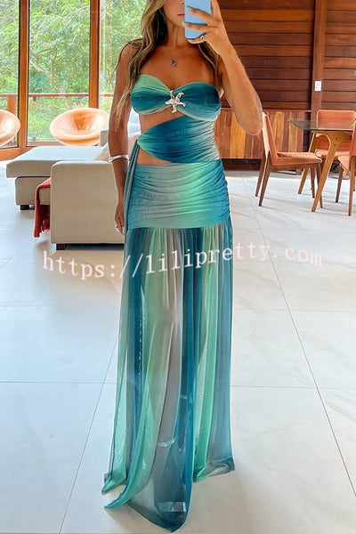 Soleil Mesh Printed Starfish Pendant Ruched Cutout Off Shoulder Maxi Dress