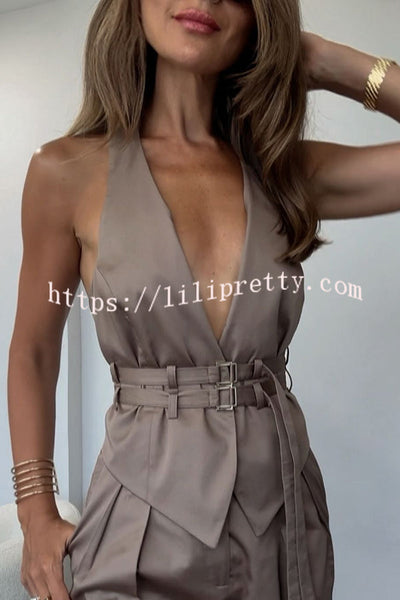 Sexy Backless Belted Waistcoat and Casual Pocket Pants Set