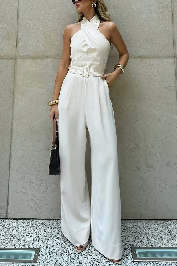 Solid Color Halterneck Sleeveless Waisted Casual Pocket Straight Jumpsuit