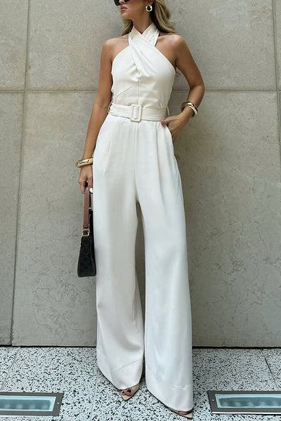 Solid Color Halterneck Sleeveless Waisted Casual Pocket Straight Jumpsuit