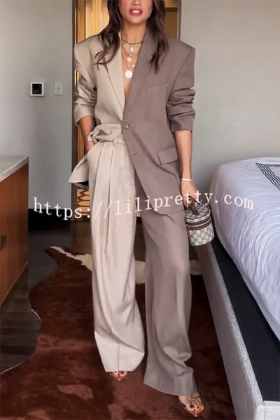 Girl Boss Avant-garde Contrast Colors Lapel Boyfriend Blazer and Pocketed Wide Leg Pants Set