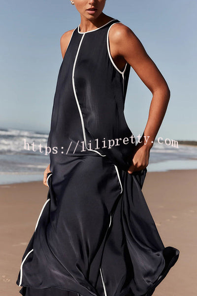 Palos Satin Navy with White Contrast Piping Pocketed A-line Maxi Dress