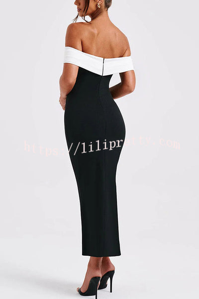 Bex Colorblock Pleated Bardot Neck Strapless Formal Stretch Midi Dress