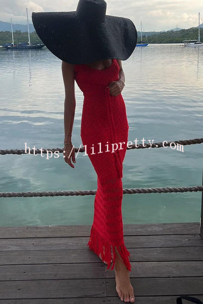 Sexy Cutout Slim Fit Fringed Hem Knitted Maxi Dress