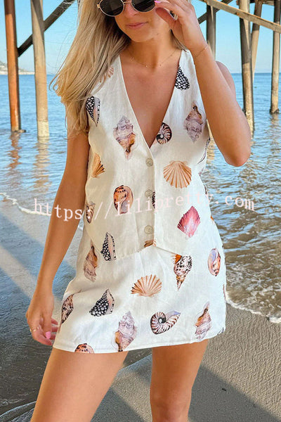 Shells Vacation Linen Blend Unique Print Button Vest and Elastic Waist Mini Skirt Set